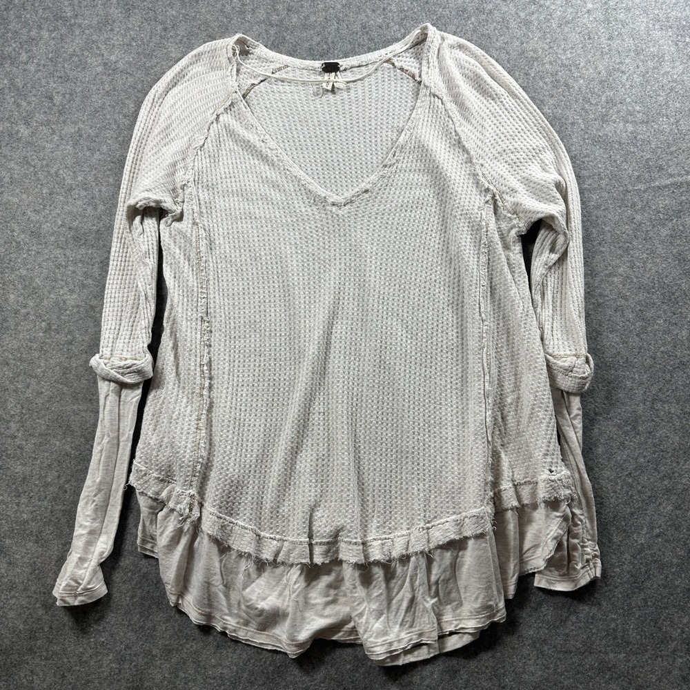 Free People We The Free Waffle Knit Tunic Top S Cream V-Neck Raw Seam LS Flaw